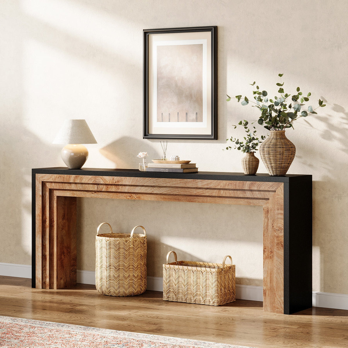 70.9-Inch Geometric Console Table with Two-Tone Panels, Extra Long Narrow Table for Hallway and Living Room