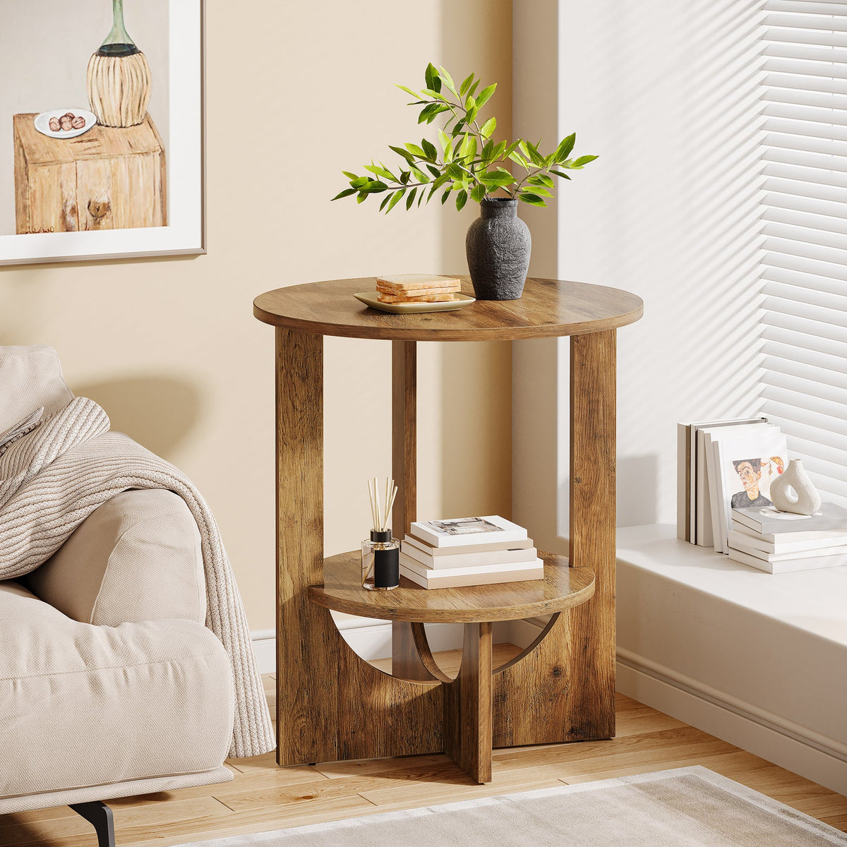 19.68-Inch Round End Table with Storage, 2-Tier Tall Side Table for Living Room and Bedroom