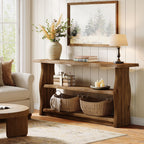 63-Inch Solid Wood Console Table with 3-Tier Open Storage, Rustic Pinewood Entryway Table for Hallway