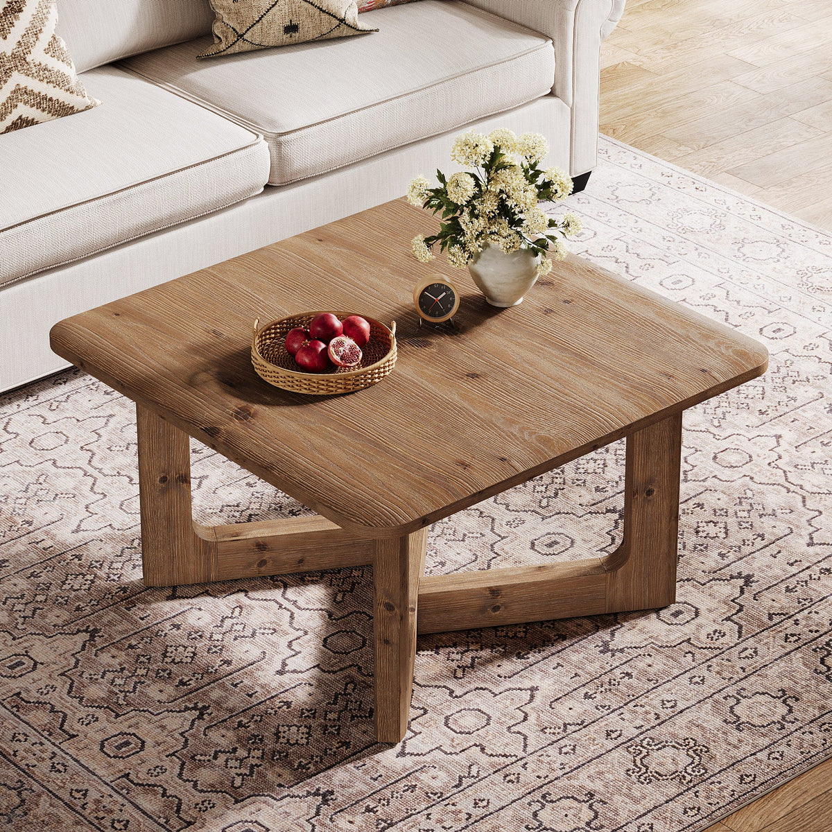 31.5 Inch Square Solid Wood Coffee Table, Farmhouse Living Room Table with Sturdy Base