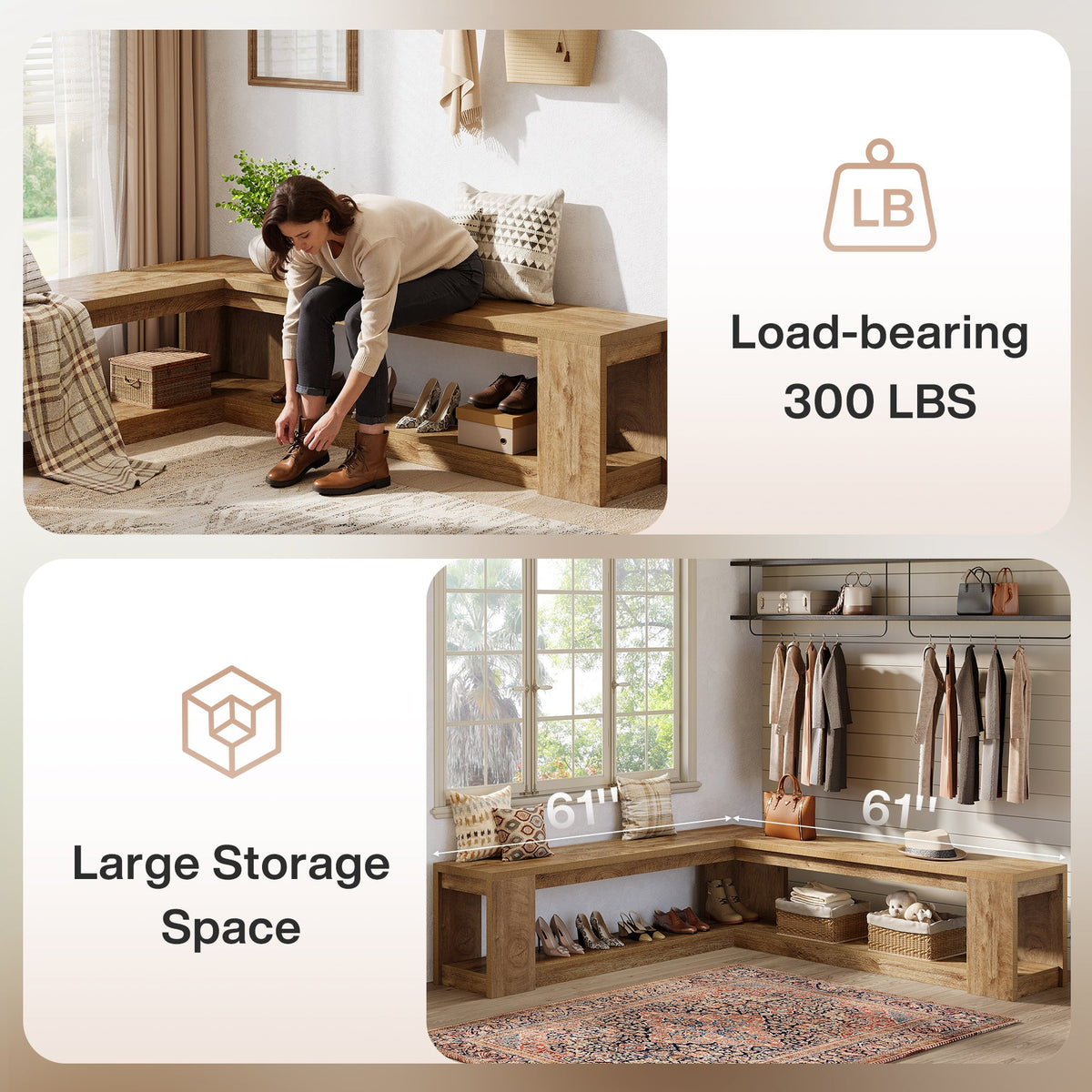 61-Inch L-Shaped Shoe Bench with Storage, Farmhouse Corner Entryway Bench for Dining Room Living Room and Cloakroom