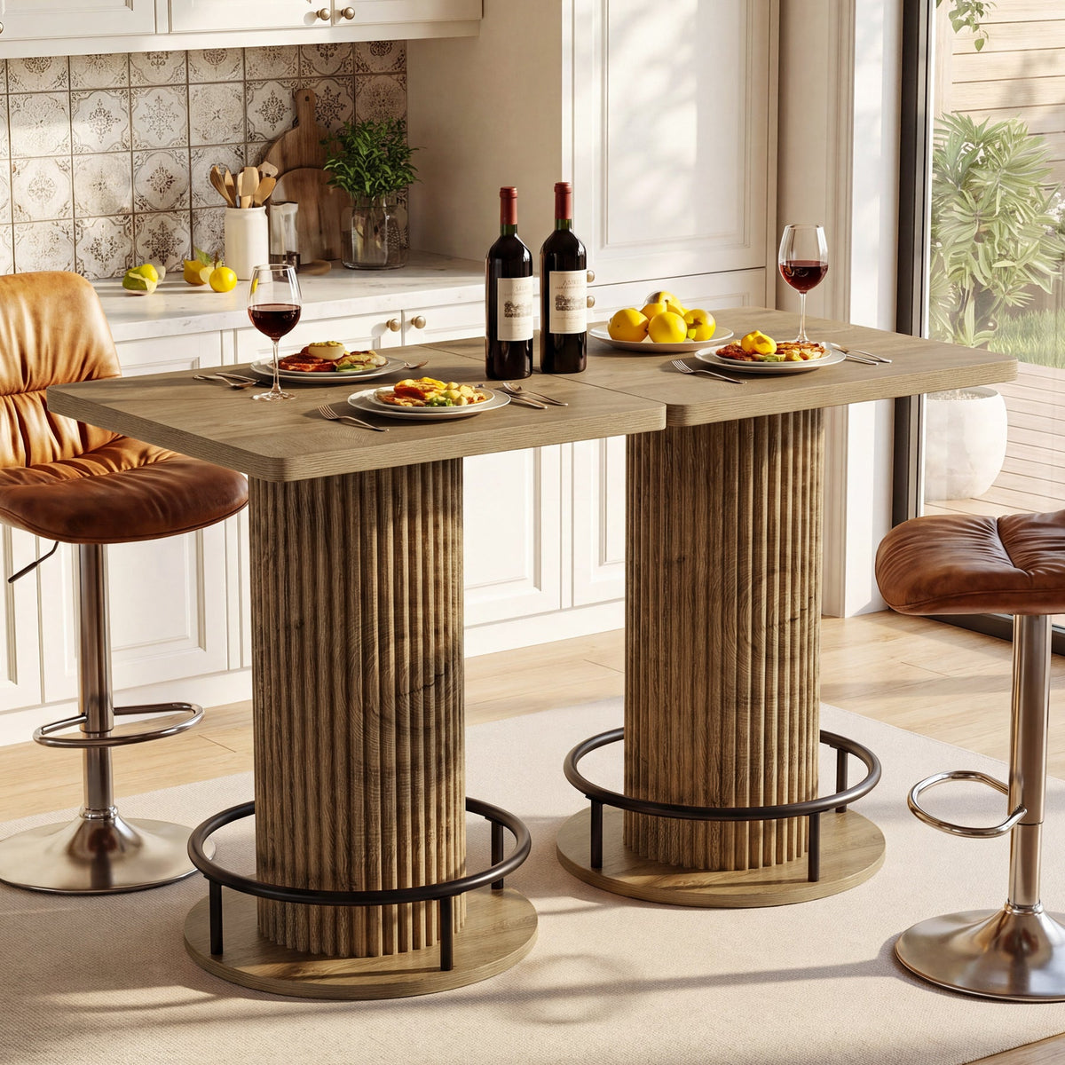 39-Inch Square Bar Table, Wooden Bistro Table with Footrest for Kitchen and Cafe