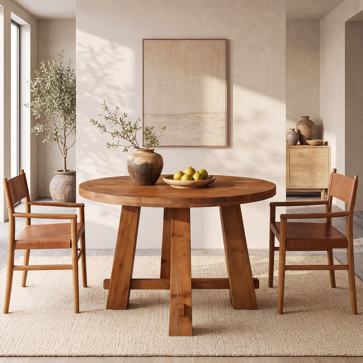 39.4 Inch Solid Wood Round Dining Table with Cross Base, Farmhouse Kitchen Table for 2-4
