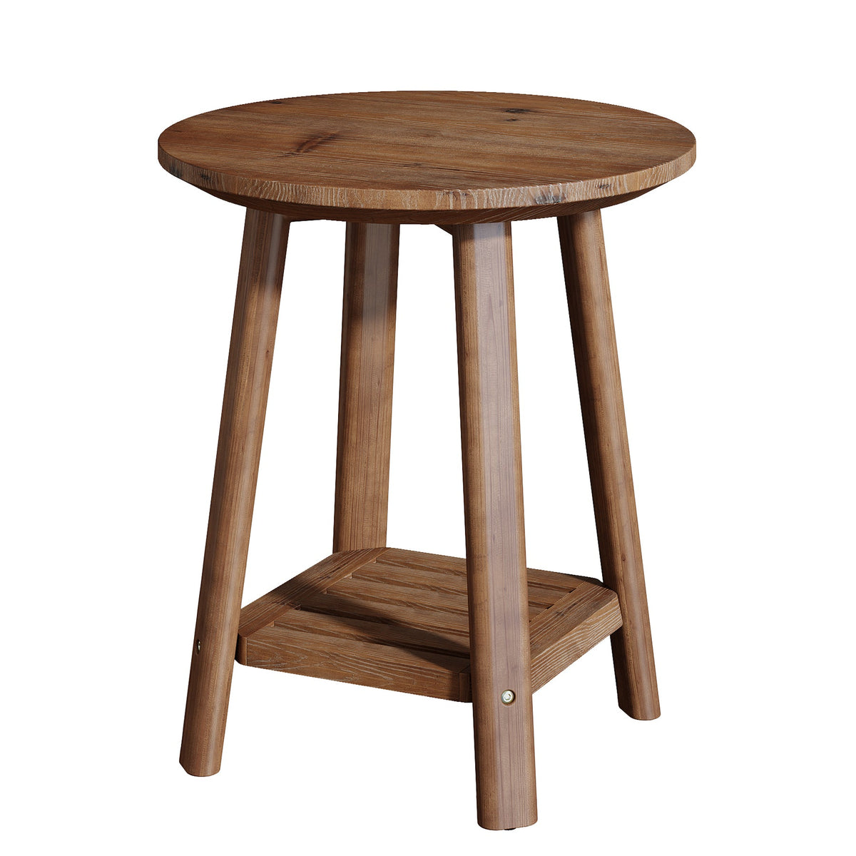 Round Side Table with 2-Tier Storage Shelf, Solid Wood End Table for Small Spaces