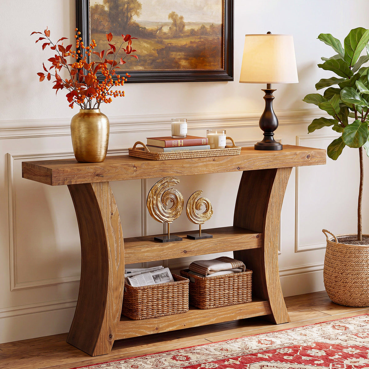 55-Inch Solid Wood Console Table with 3-Tier Storage, Curved Entryway Table for Hallway