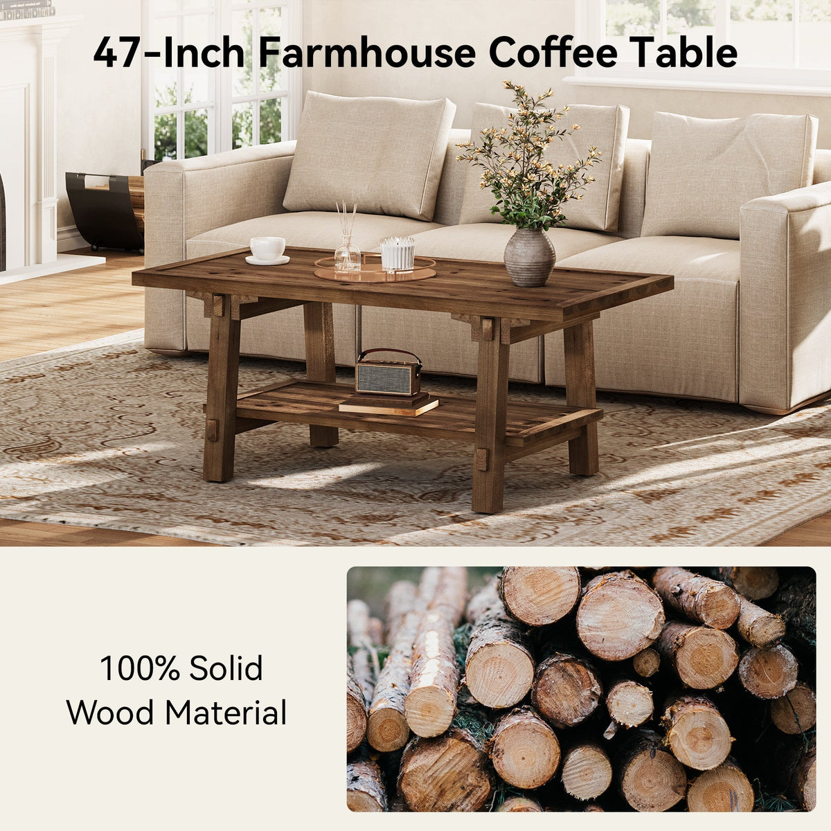 47 Inch Solid Wood Coffee Table, Rustic Farmhouse Rectangle Center Table