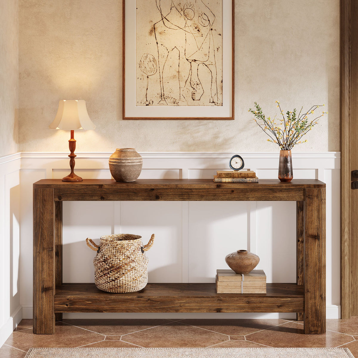 63" Console Table, Solid Wood Farmhouse Sofa Table with 2-Tier Storage