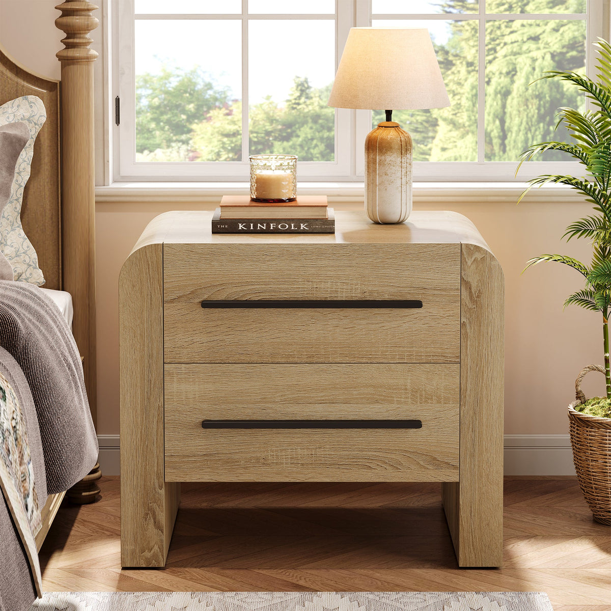 27.55 Inch 2-Drawer Nightstand with Curved Edges, Modern Bedside Table for Bedroom