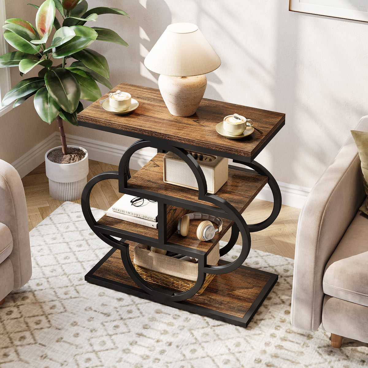 4-Tier Narrow Side Table with Curved Metal Frame and Storage Shelves