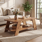 47-Inch Solid Wood Coffee Table with 2-Tier Storage, Farmhouse Rectangle Centre Table for Living Room