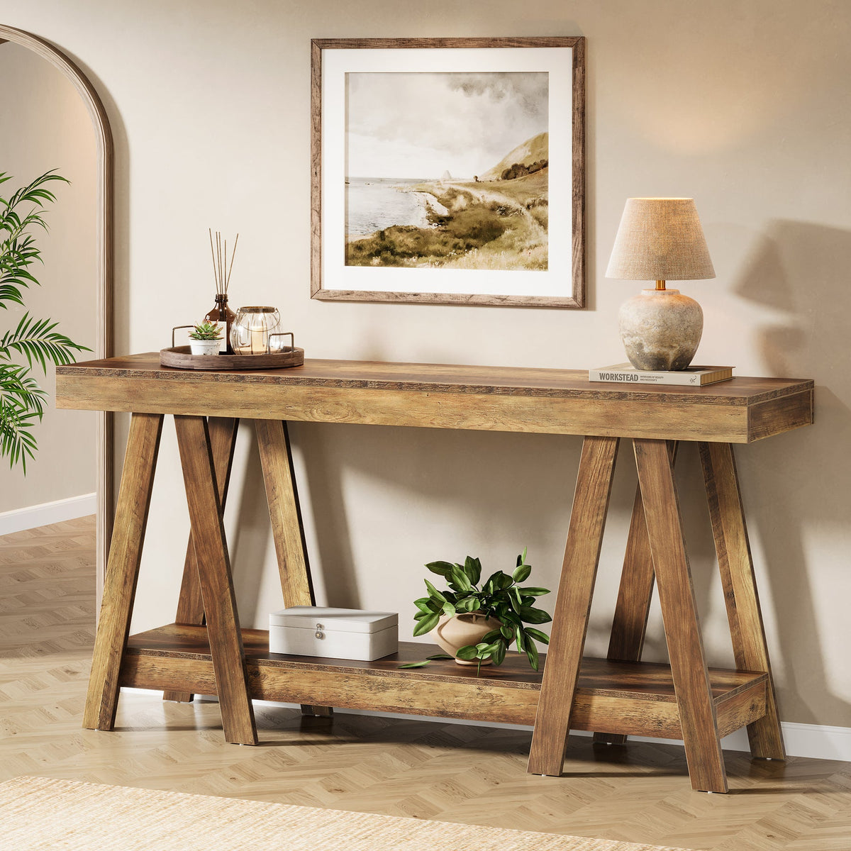 70.87-Inch Farmhouse Console Table with 2-Tier Storage and A-Shaped Frame, Narrow Entryway Sofa Table for Living Room and Foyer