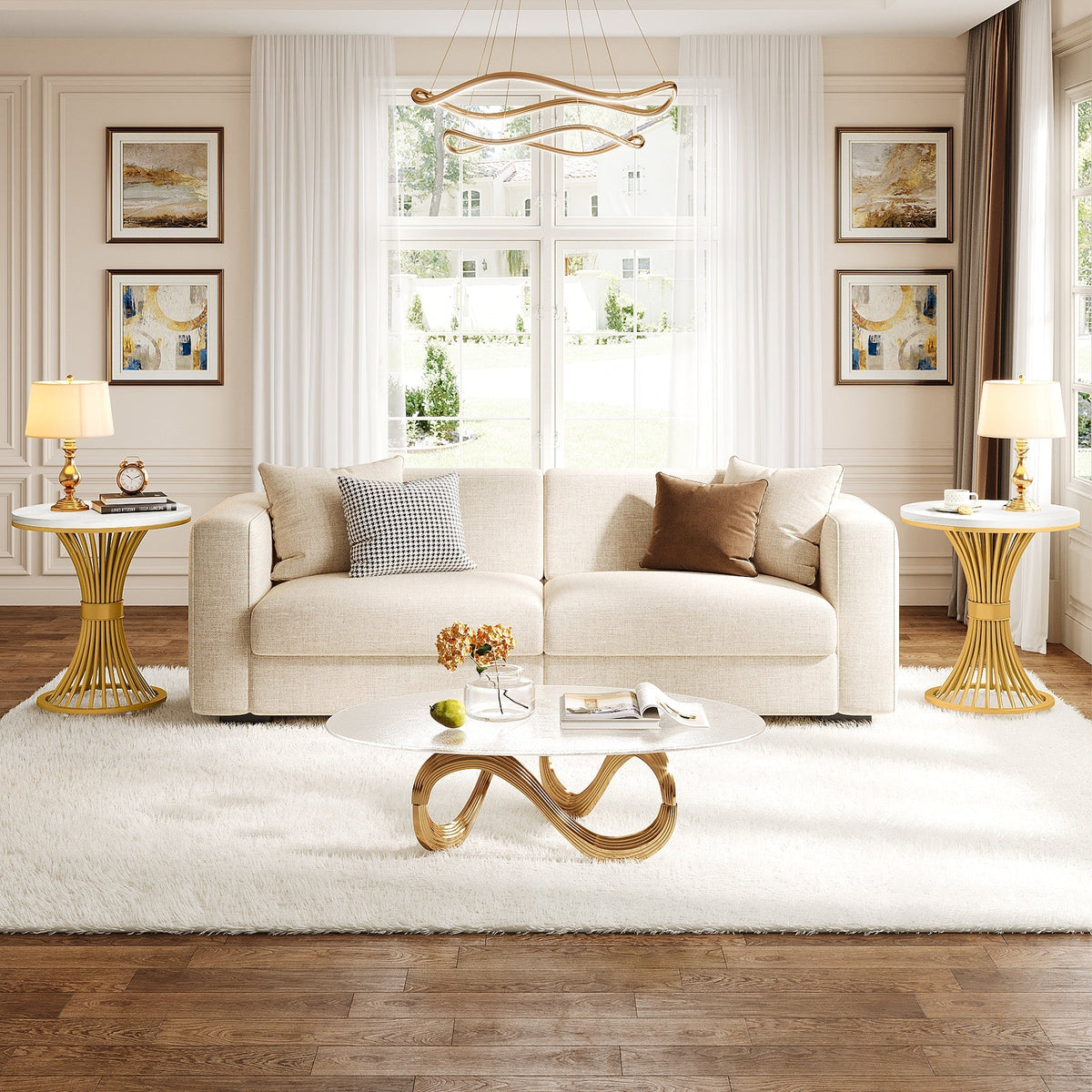20" Round End Table with Faux Marble Top, White Side Table with Gold Metal Base