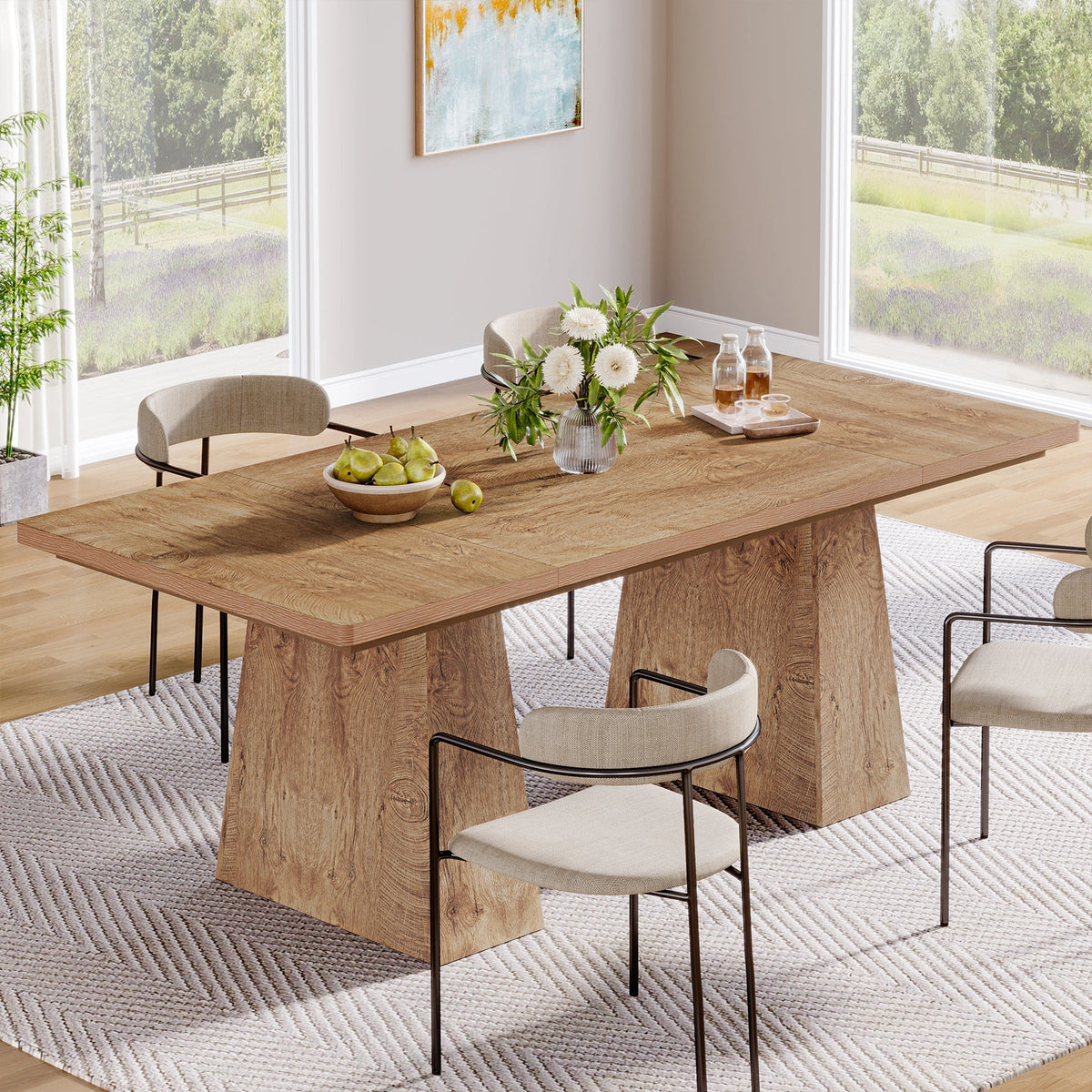 63 Inch Dining Table for 6, Farmhouse Rectangular Kitchen Table with Double Pedestal for Dining Room
