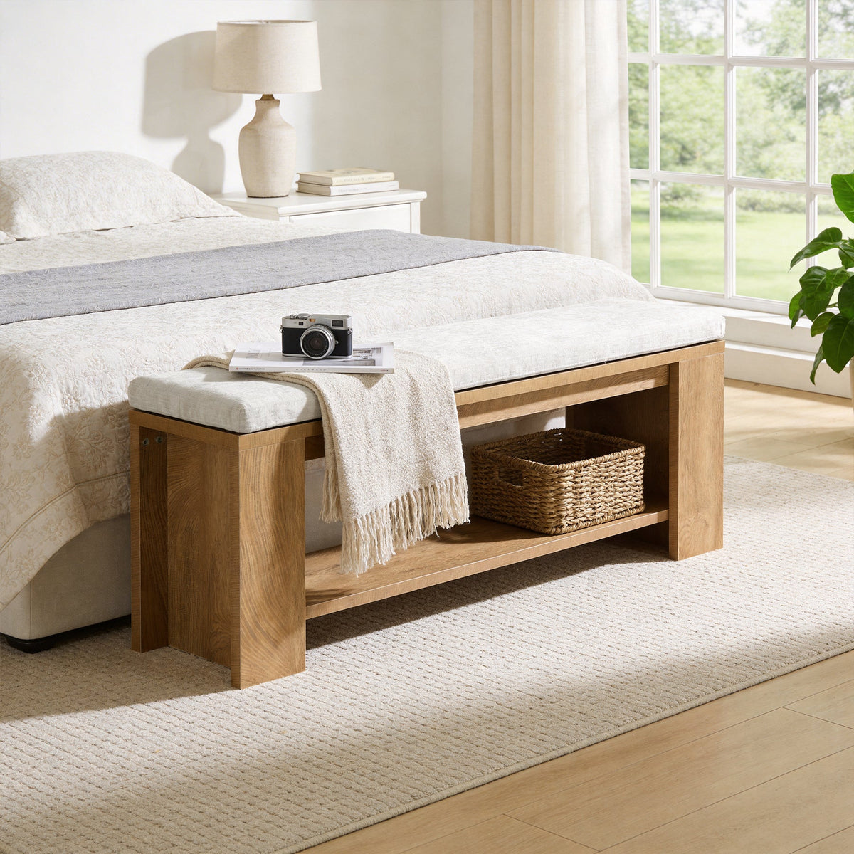 47.24-Inch Upholstered Hallway Bench with Padded Seat, Farmhouse Bed Bench for Bedroom