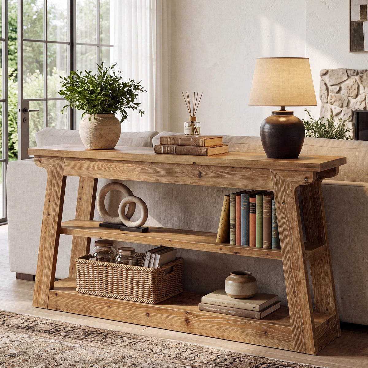 63-Inch Solid Wood Console Table with 3-Tier Storage, Farmhouse Hallway Entry Table