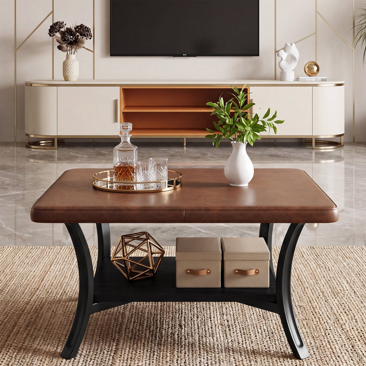 31.5-Inch Square Coffee Table, Upholstered Ottoman with PU Leather Top for Living Room