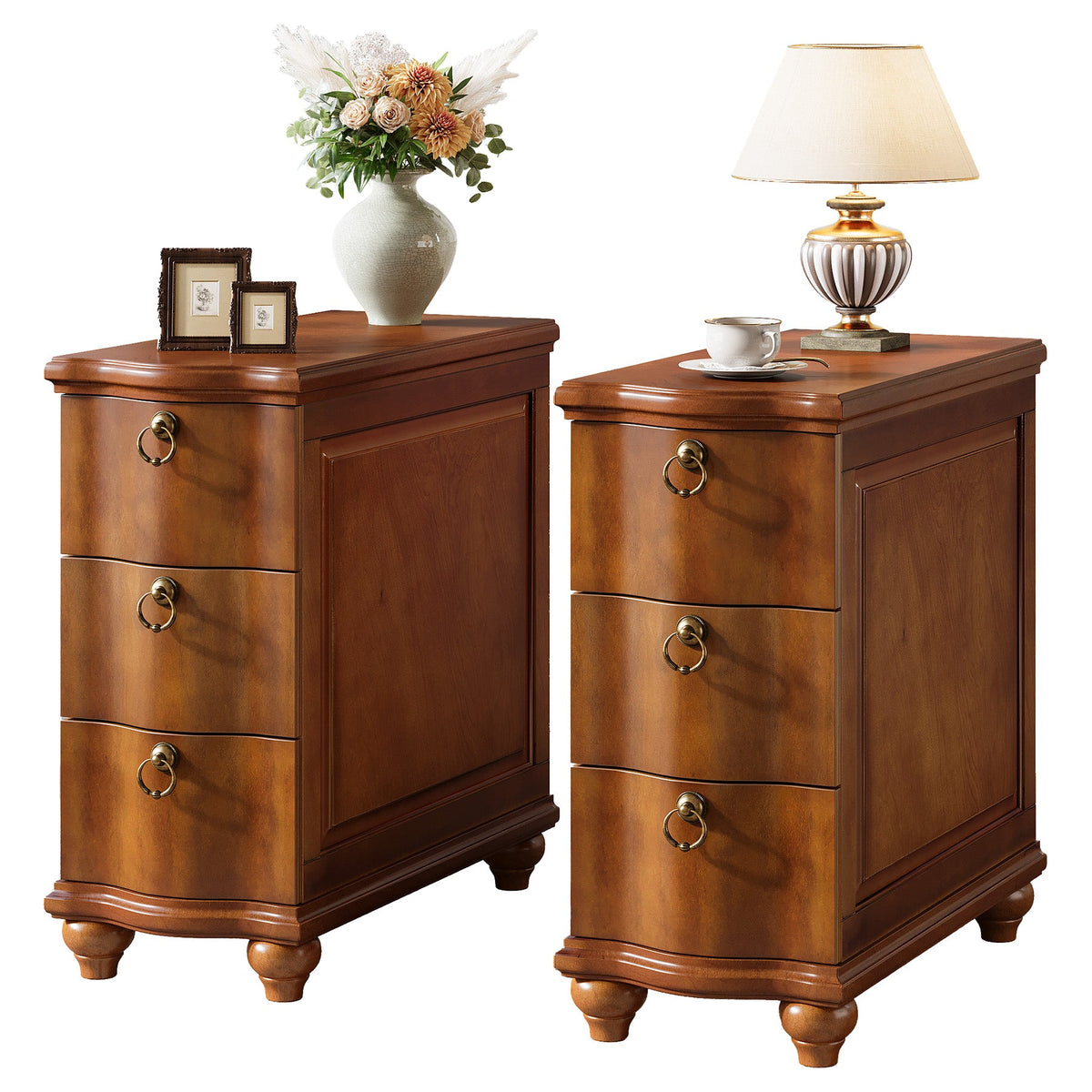 11.02-Inch Wide Fully Assembled End Table with 3 Drawers, Narrow Walnut Brown Side Table for Bedside Living Room