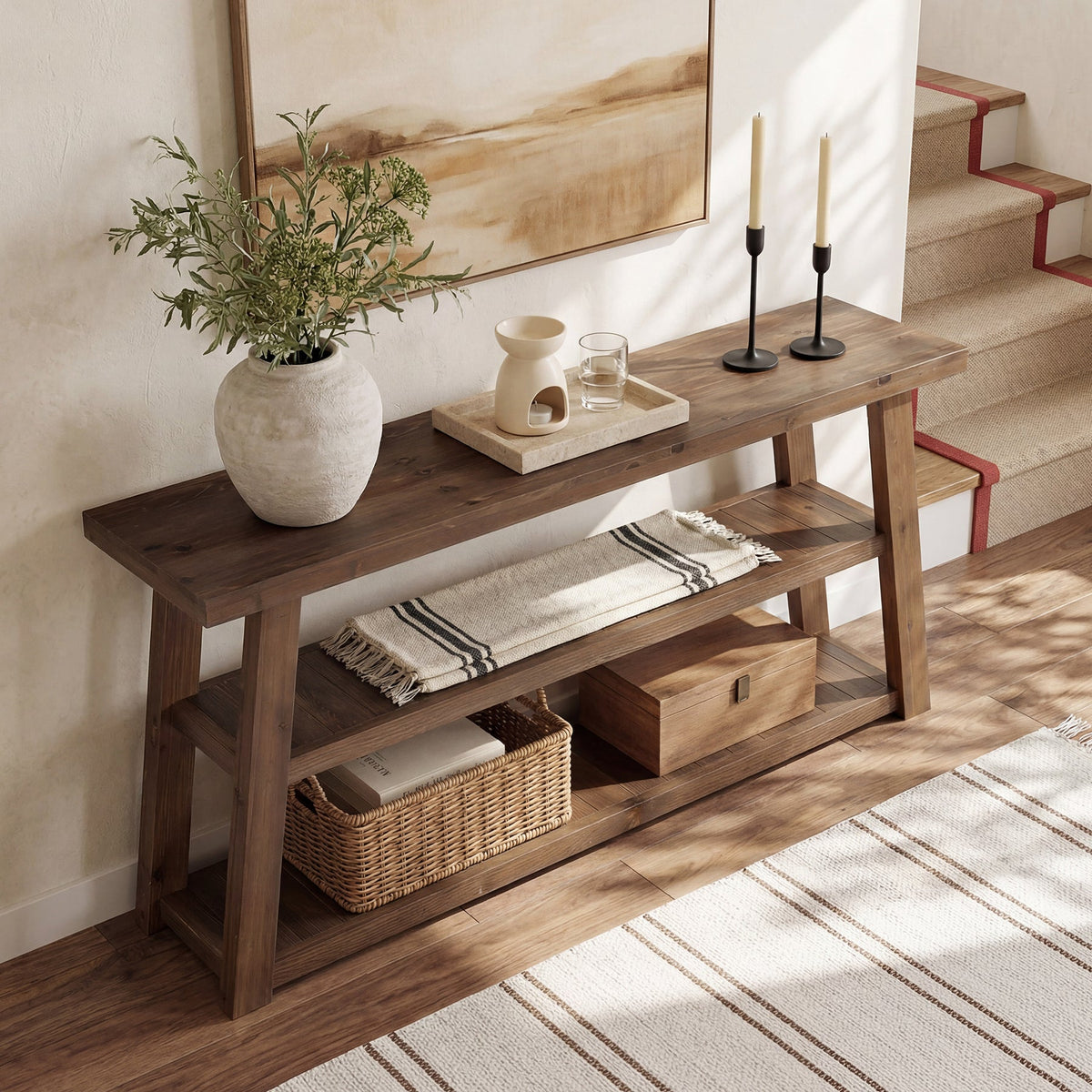 62.99 Inch Solid Wood Console Table with 3-Tier Shelves, Farmhouse Hallway Table