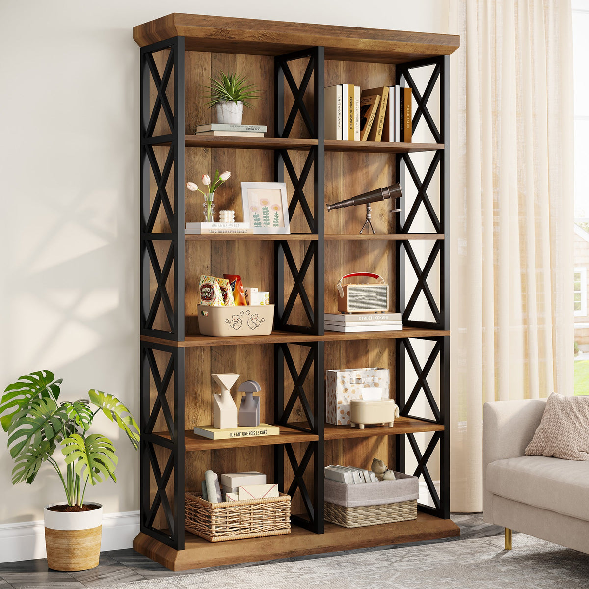 75-Inch Tall Double Wide Bookcase, 6-Tier Industrial Bookshelf with X-Pattern Frame