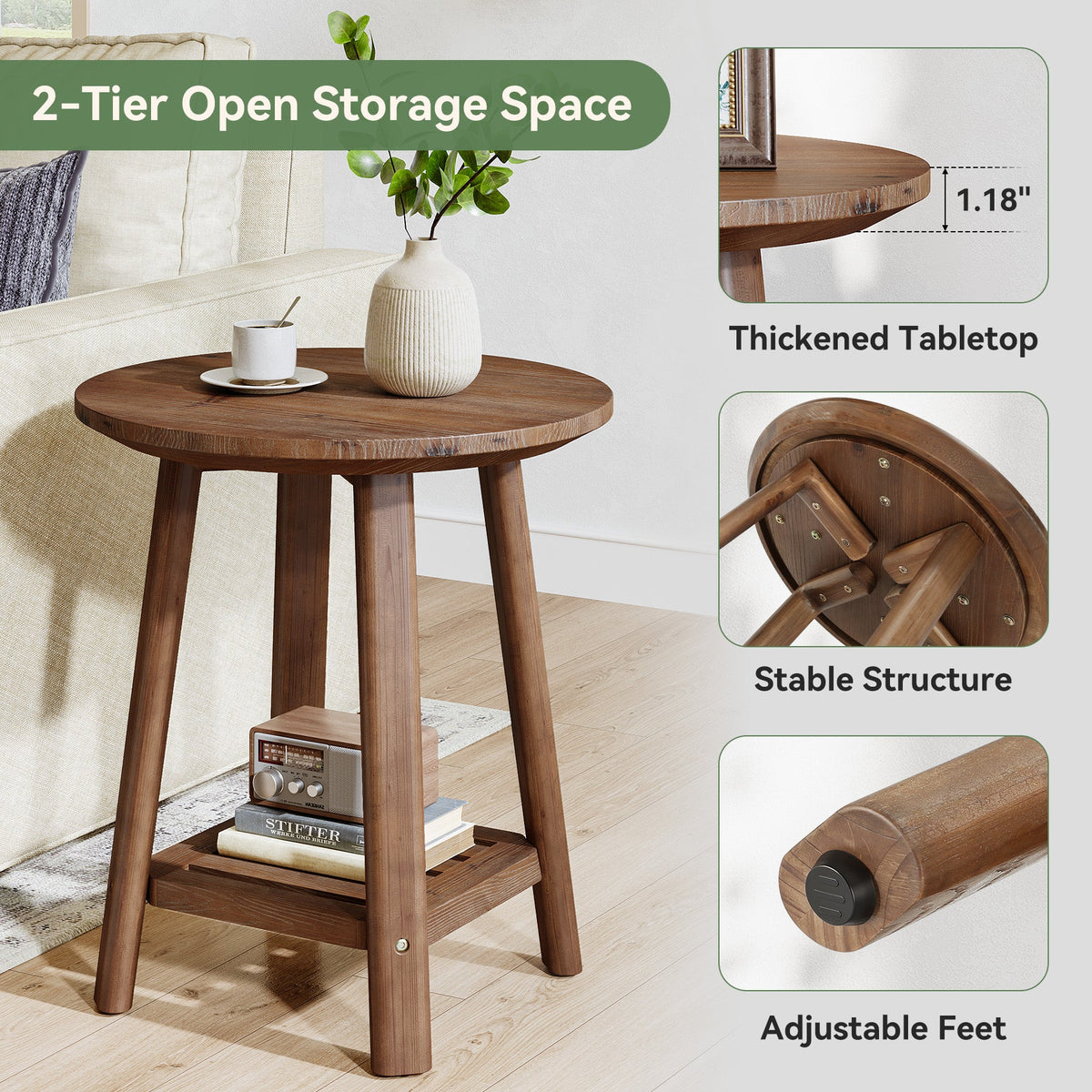 Round Side Table with 2-Tier Storage Shelf, Solid Wood End Table for Small Spaces