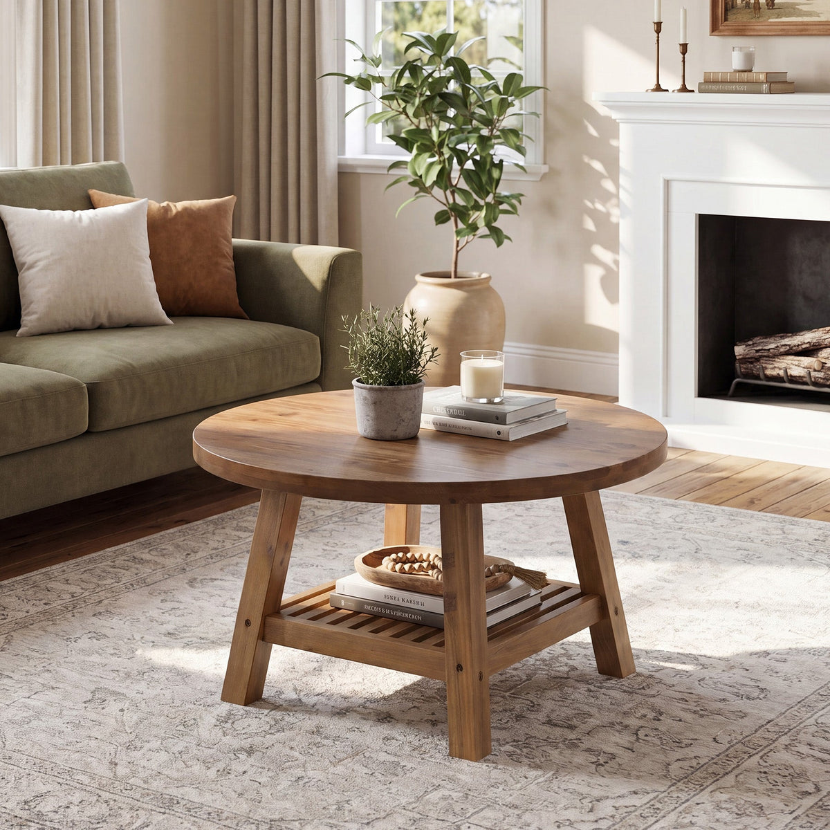 31.5 Inch Solid Wood Round Coffee Table with 2-Tier Storage, Living Room Center Table