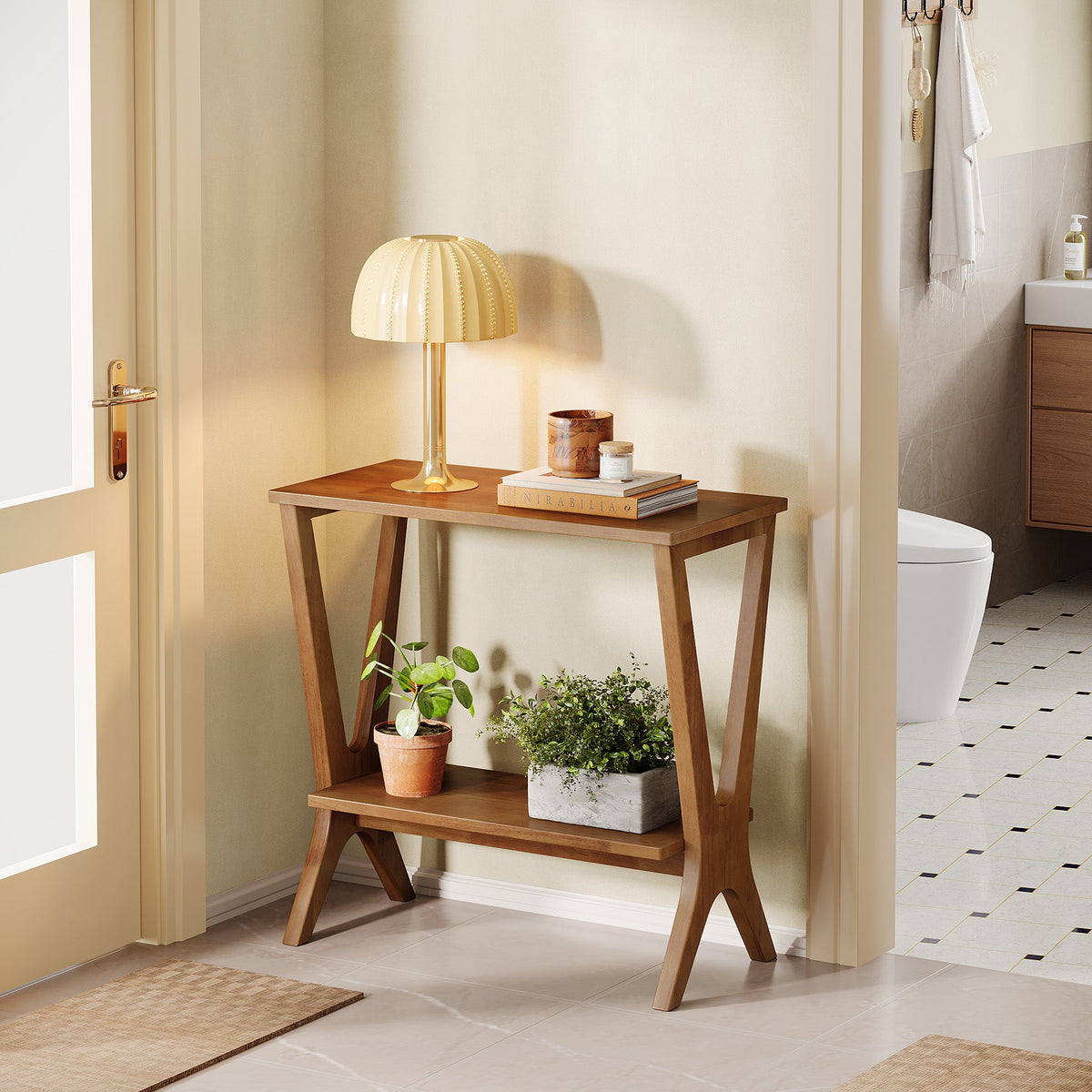 23.62-Inch Narrow End Table, 2-Tier Solid Wood Side Table with Storage Shelves for Living Room