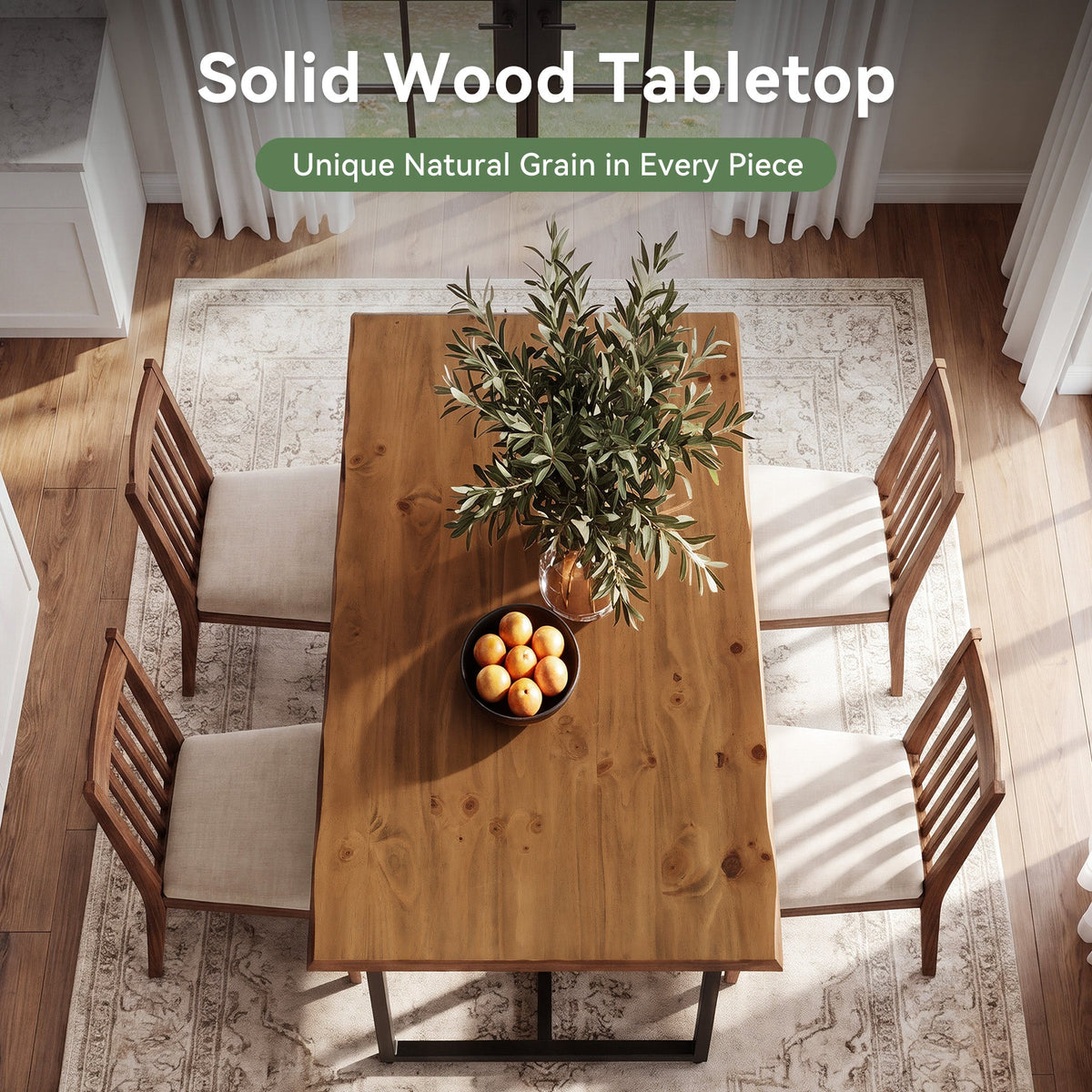63-Inch Solid Wood Dining Table with Live-Edge Inspired Top and Metal U-Frame, Industrial Kitchen Table for 4-6 People