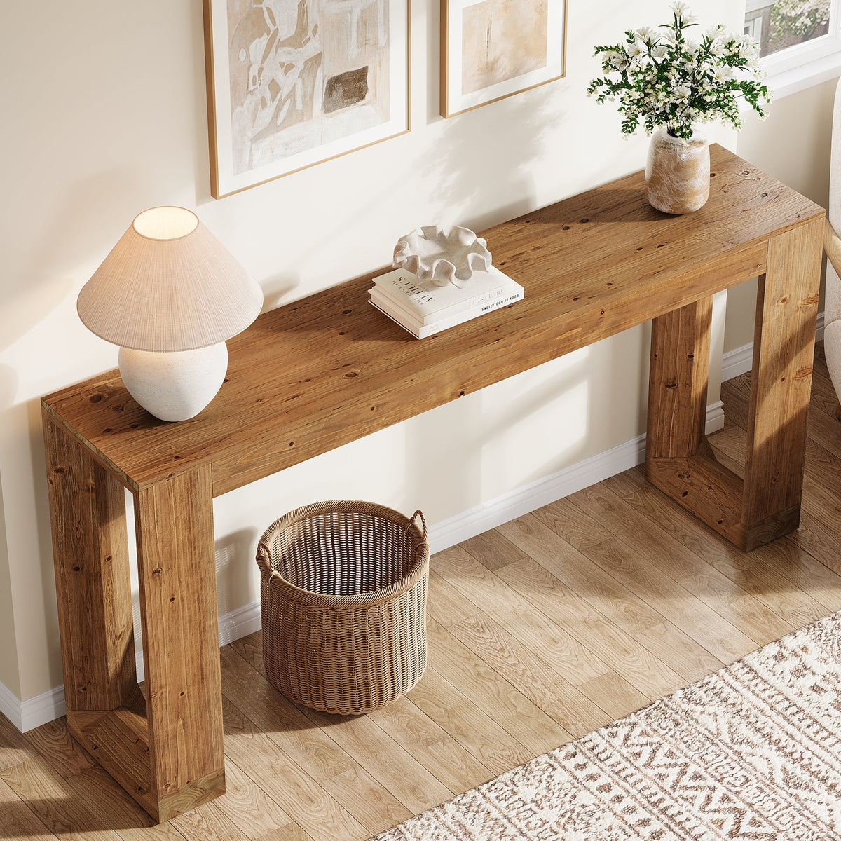 63-Inch Farmhouse Console Table with Reinforced Base, Solid Wood Sofa Table for Entryway Study and Living Room