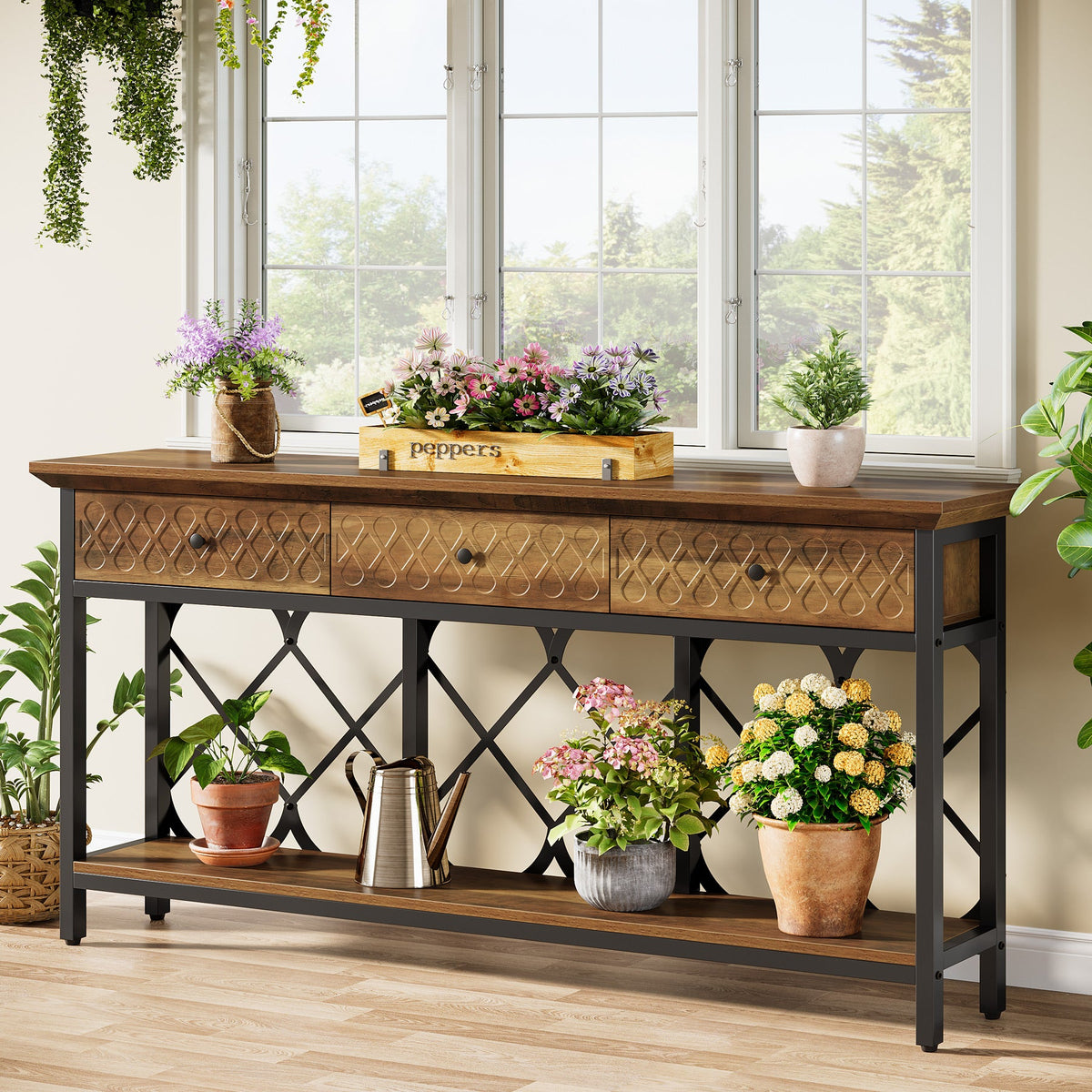 70.86-Inch Extra Long Console Table with 3 Drawers and Storage Shelf, Industrial Narrow Sofa Table for Living Room Entryway and Hallway