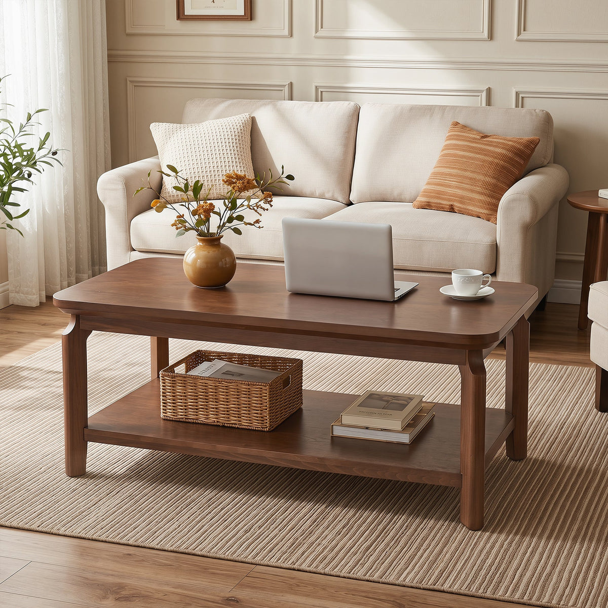 47-Inch Coffee Table with Open Shelf, Rounded-Corner Center Table for Living Room