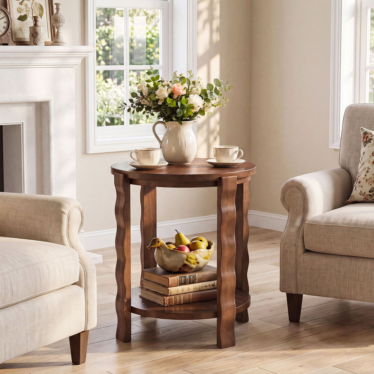 19.69-Inch Round Side Table with 2-Tier Storage, Solid Wood End Table for Living Room