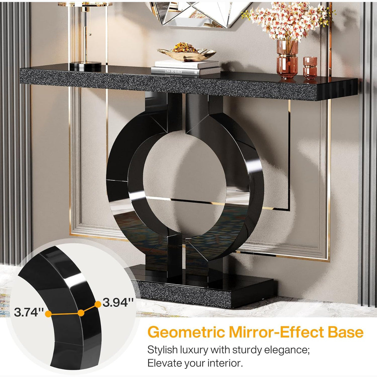 43.1-Inch Mirrored Console Table with O-Shaped Base, Narrow Hallway Table in Black