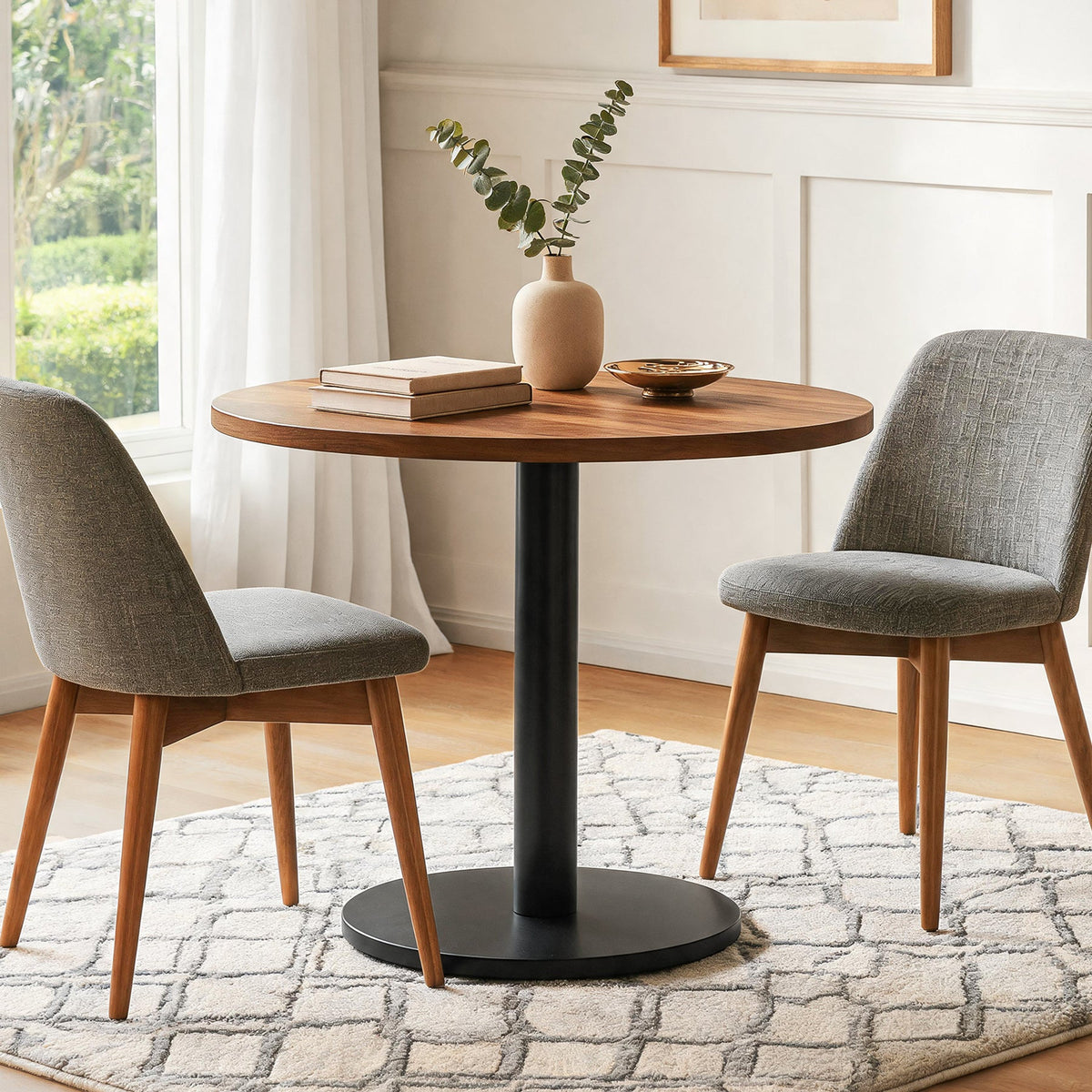 31.5-Inch Round Dining Table with Black Metal Pedestal Base, Small Kitchen Table for 2-4 People in Dining Room