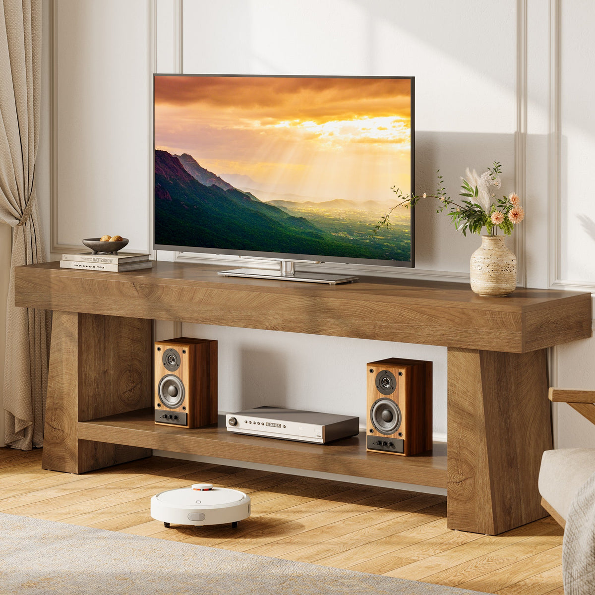 63-Inch Farmhouse TV Stand with 2-Tier Storage, Media Console for Living Room or Bedroom