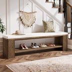 63 Inch Solid Wood Bench with Removable Faux Lambswool Cushion, Farmhouse End of Bed Seat
