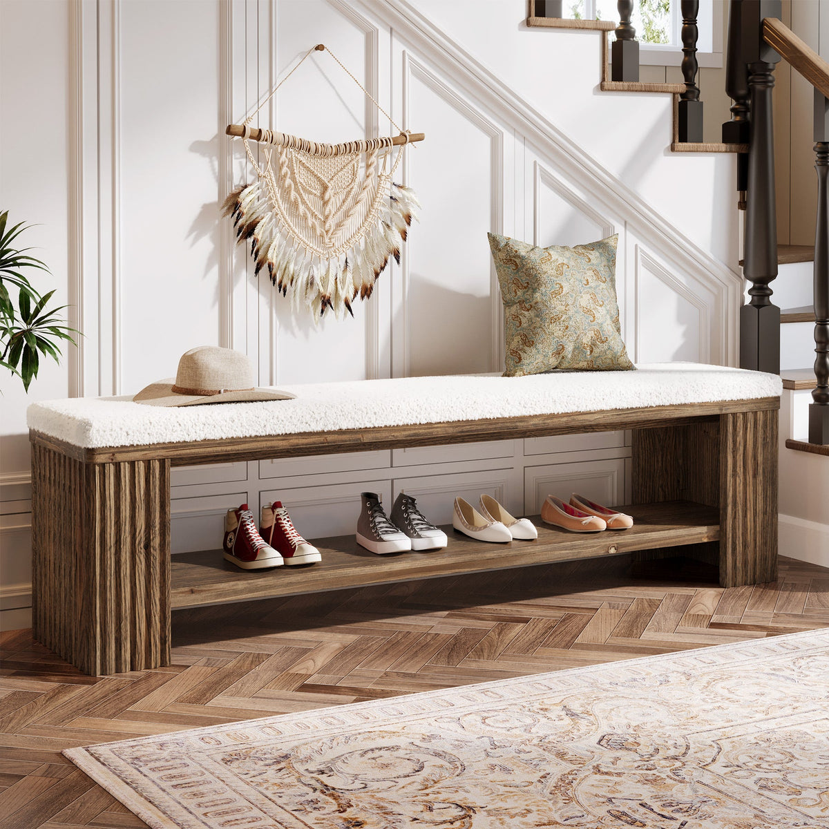 63 Inch Solid Wood Bench with Removable Faux Lambswool Cushion, Farmhouse End of Bed Seat
