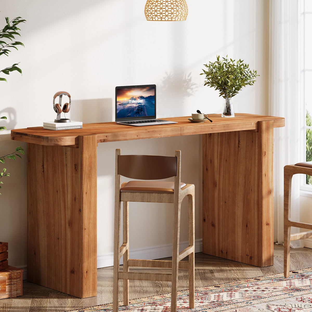 63-Inch Solid Wood Bar Table, Counter Height Pub Table for Kitchen and Dining Room
