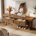 55 Inch Solid Wood Storage Bench with 2 Drawers, Farmhouse Entryway Seat for Hallway