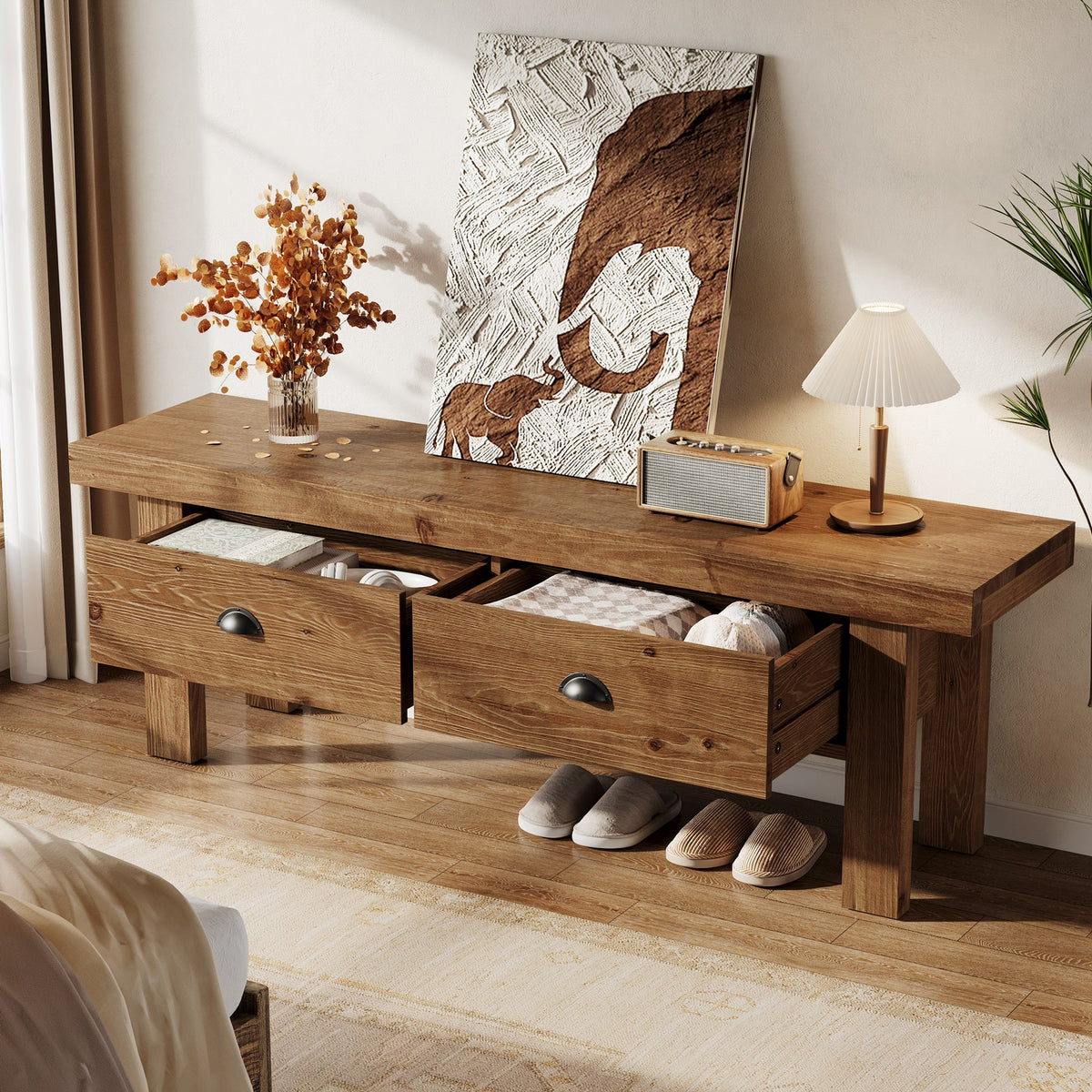 55 Inch Solid Wood Storage Bench with 2 Drawers, Farmhouse Entryway Seat for Hallway