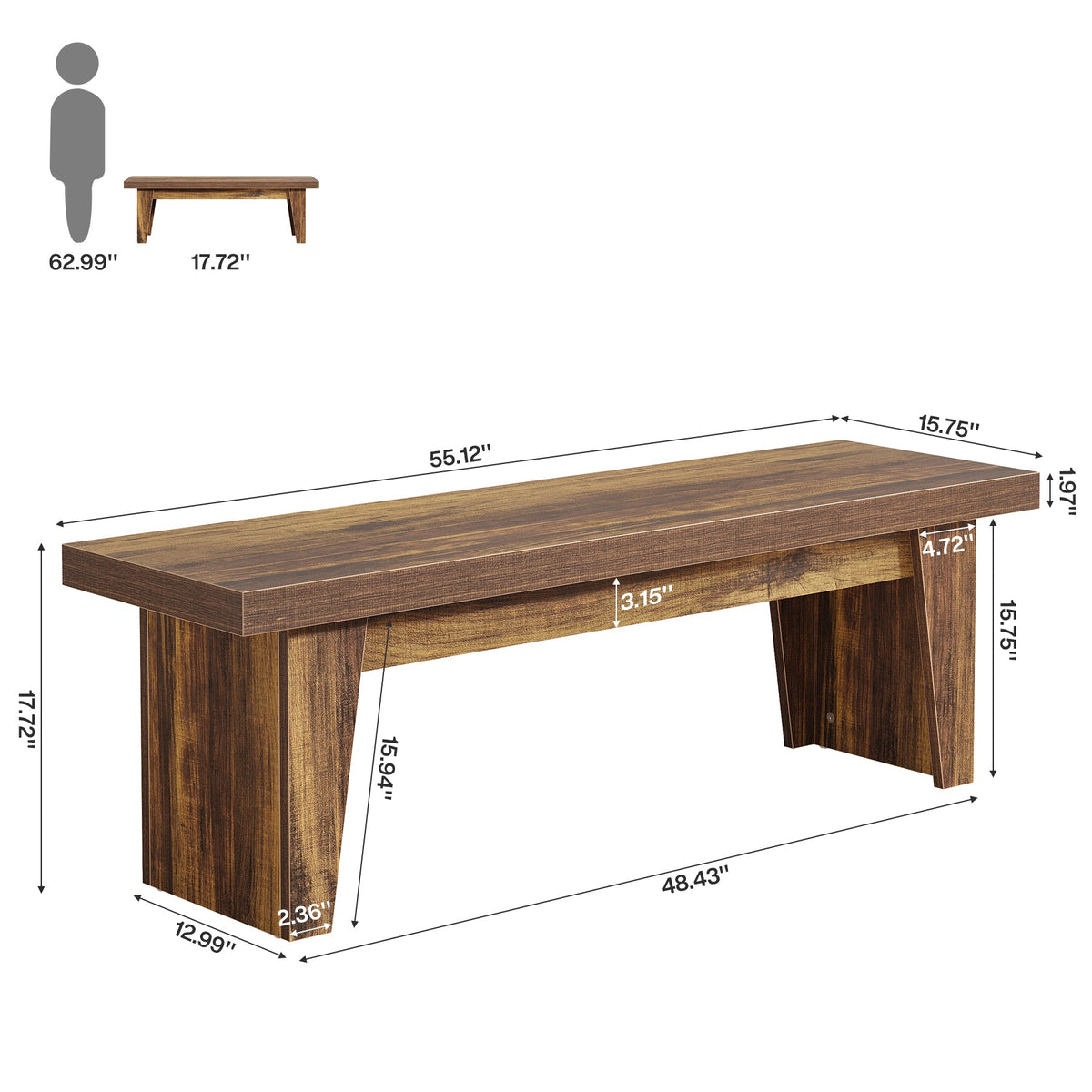 55.12-Inch Wooden Entryway Bench, Farmhouse Long Bench with Storage Space