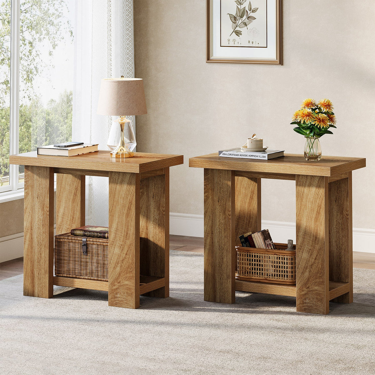 27.6-Inch Wooden Side Table with 2-Tier Shelf, Farmhouse End Table for Small Spaces