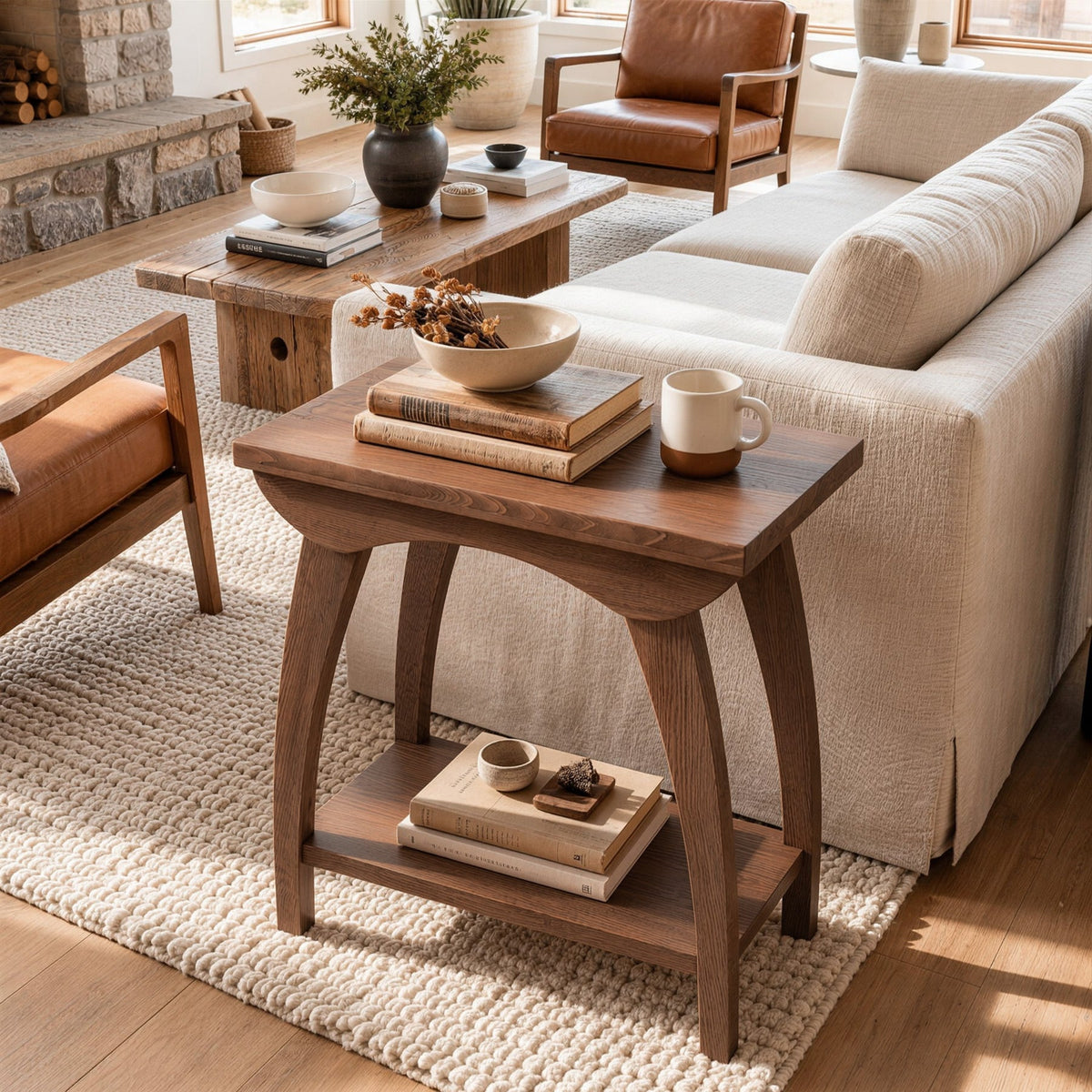 23.62-Inch Solid Wood End Table with Lower Shelf, Farmhouse Side Table for Living Room