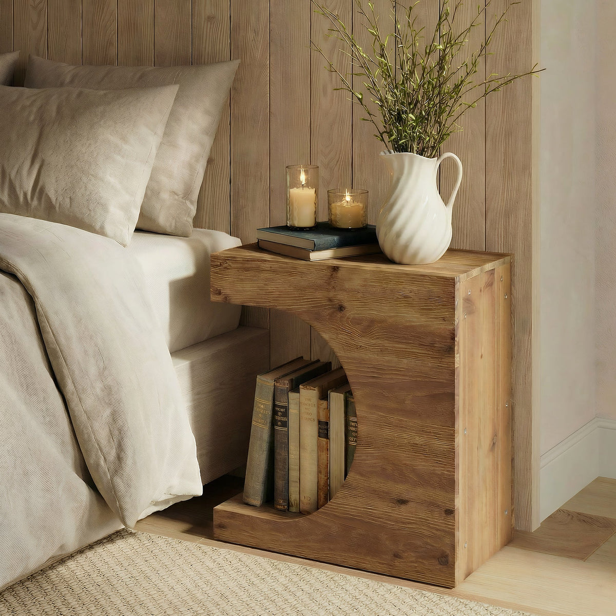 11.8-Inch Wide Solid Wood C-Shaped Side Table with 2-Tier Storage Shelf