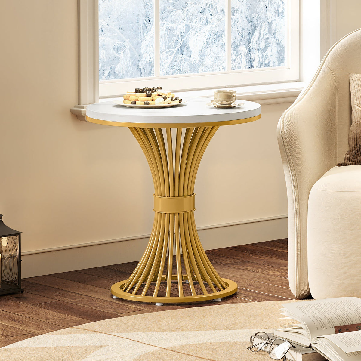 20" Round End Table with Faux Marble Top, White Side Table with Gold Metal Base
