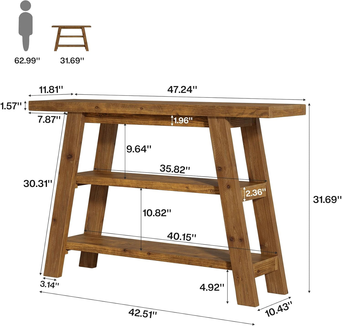 47.24" Solid Wood Farmhouse Console Table, 3-Tier Shelf Entryway Table for Hallway & Living Room