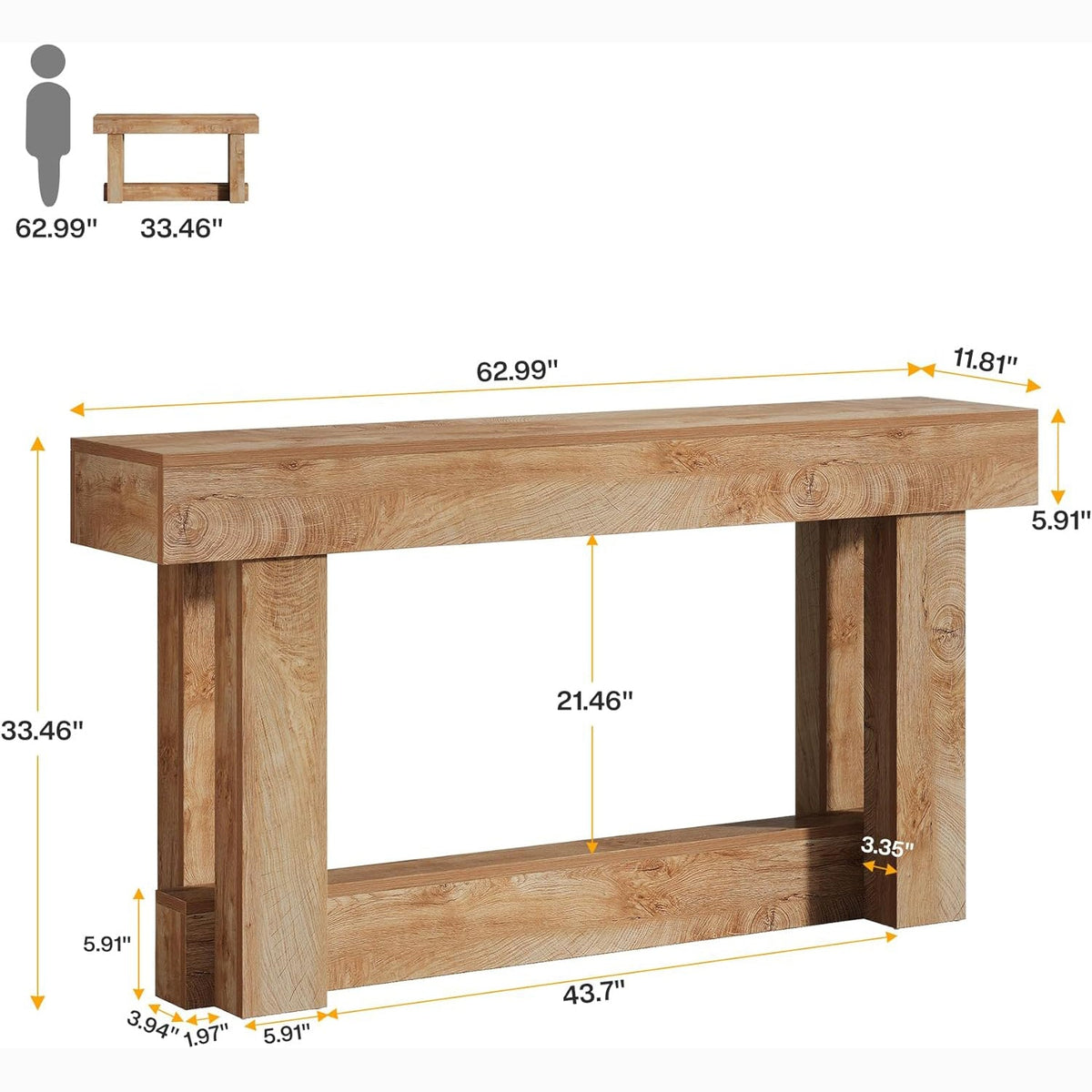 63 inch console table dimensions measuring 62.99 W x 11.81 D x 33.46 H inches#Colour_Light Oak Brown