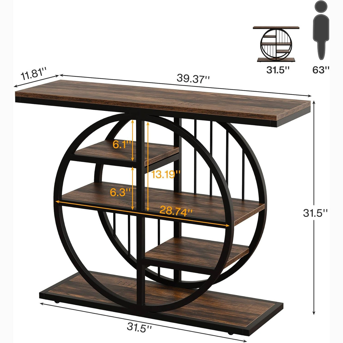 39" Console Table, 5-Tier Entryway Table Sofa Table with Circle Base