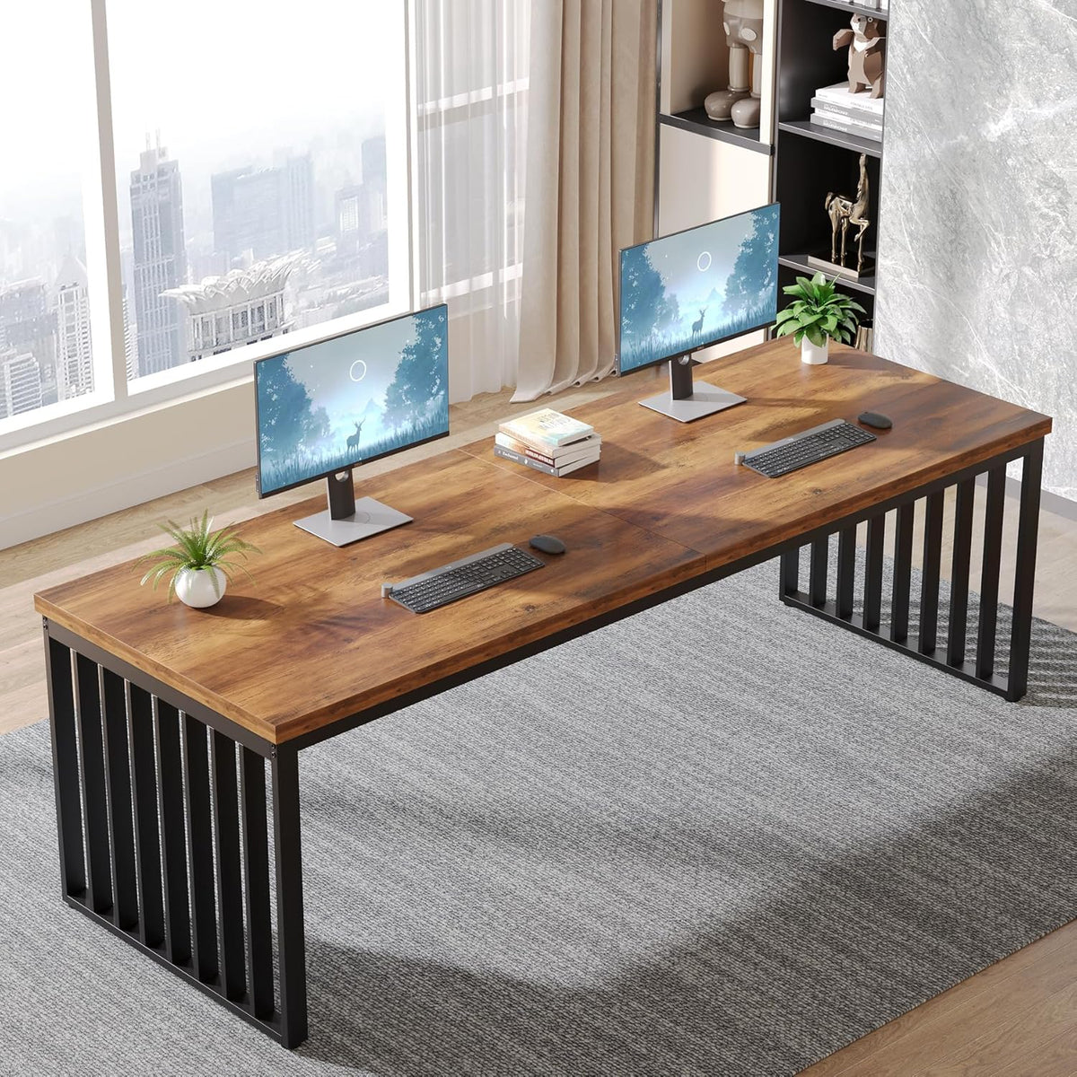 71" Home Office Desk - Heavy Duty Metal Frame Workstation#Colour_Brown & Black Base