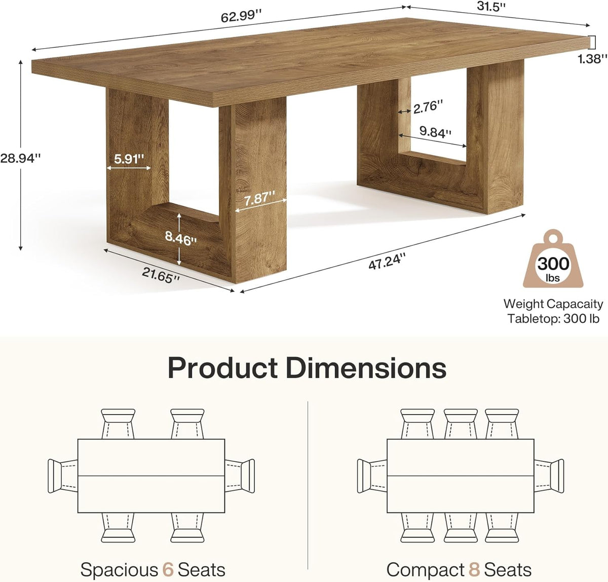 63-Inch Farmhouse Dining Table for 4-6 People, Rectangular Kitchen Table with Heavy Duty Legs for Dining Room
