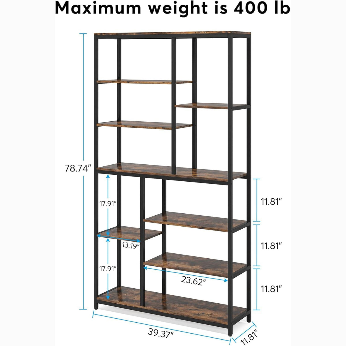 79" Industrial Bookcase - 8-Shelf Staggered Wood & Metal Display Shelf